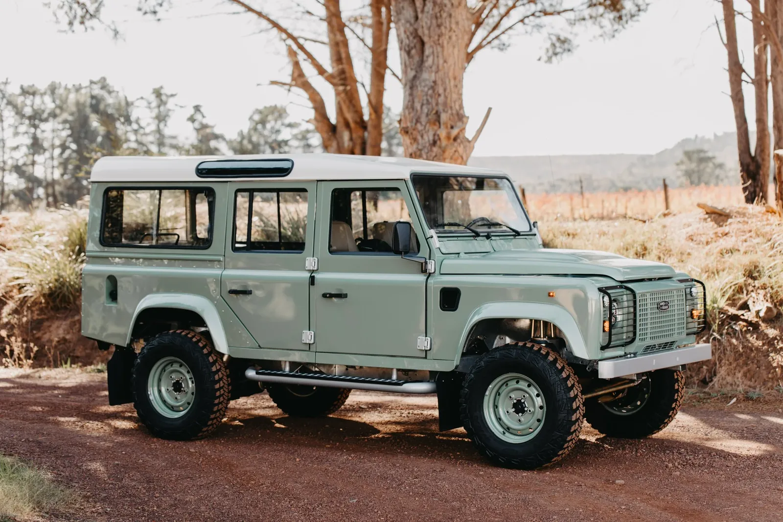Sage-green Land Rover Defender 110 station wagon, side profile